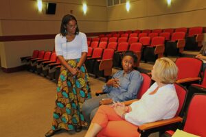 Dr. Ronda Taylor Bullock listens to speaker attendees discuss her question