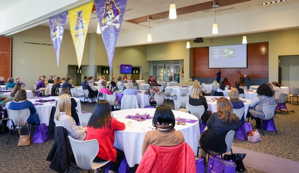 North Carolina Teacher of the Year Lisa Godwin speaks to ECU College of Education clinical teacher partners at the Murphy Center on Monday, Oct. 30.