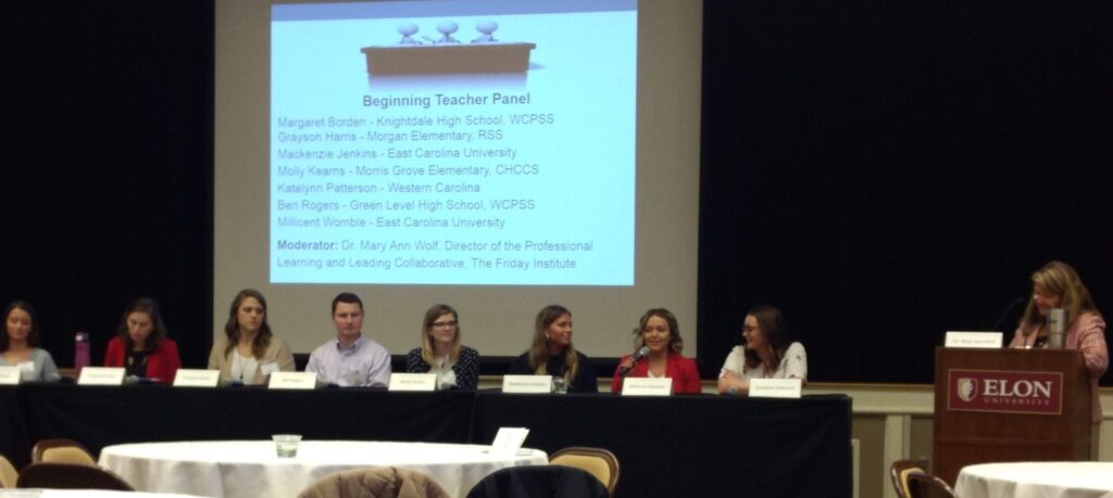 Teacher candidates Mackenzie Jenkins and Millicent Womble served on a beginning teacher panel at the NC Digital Learning Research Symposium.