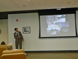 Greg Needham discussing the history of Shepperd Memorial Library