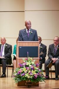 College of Education Dean Grant Hayes speaks at the Educators Hall of Fame Induction Ceremony Saturday, Oct. 28, at Fletcher Music Center. 