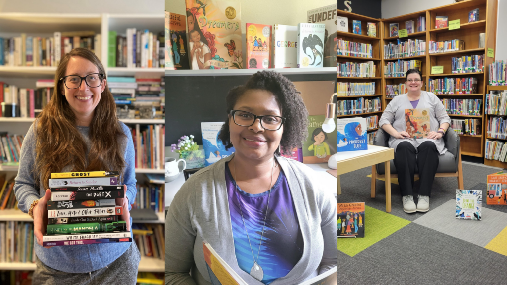 Carrie Watson, Ladonya Jules and Debra Trogdon-Livingston pose for photos with their set of diverse books.