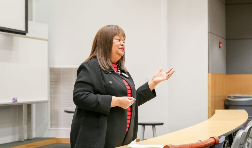 Representative Jean Farmer-Butterfield, D-Pitt, Wilson, speaks to College of Education students to kick off a mock legislative session on Monday, Nov. 14. 