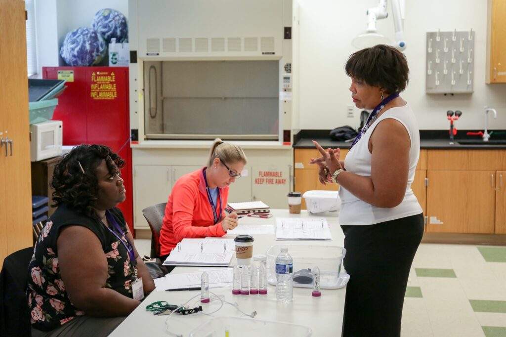 ECU's Rhea Miles, PhD., works with teachers on developing methods to bring the planarian exercise to the classroom. 