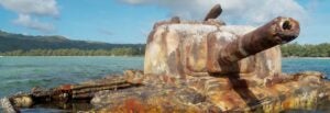 M4 Sherman tank rusts by the shore of a beach on Saipan.