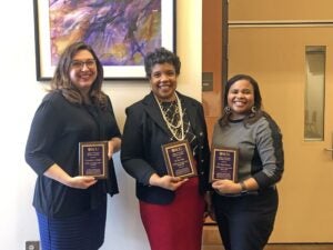 Winners of the Profiles in Diversity Award, from left, Dr. Jenni Gallagher (Fall 2019), Dr. Rhea Miles (Spring 2020), and Dr. Christy Howard (Spring 2020).