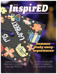 Cover of the InspirED magazine with a graduation cap image and text stating the top three stories