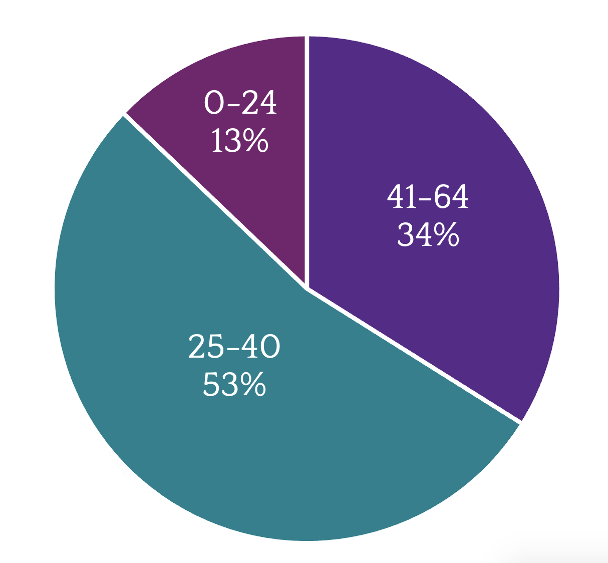 Age: 0-24 13%, 25-40 53%, 41-64 34%