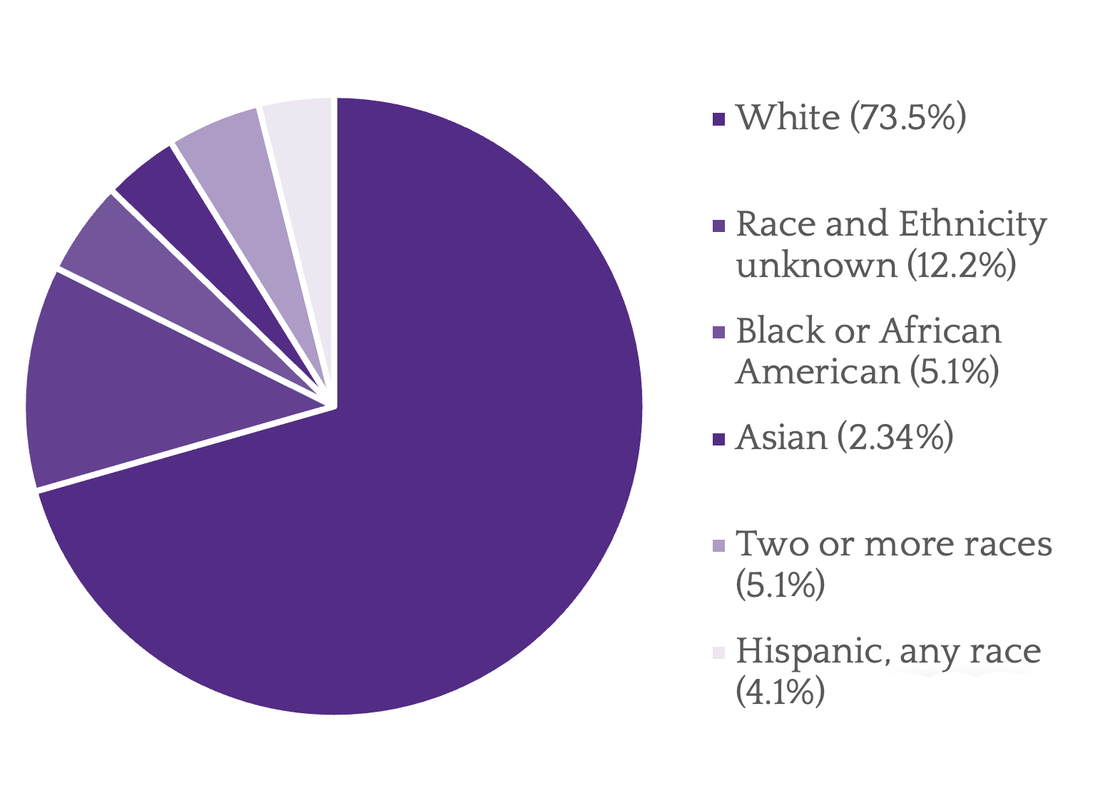 Race & Ethnicity*: White 73.5%, Unknown 12.2%, African-American 5.1%, Asian 2.34%, Two or more races 5.1%, Hispanic 4.1%